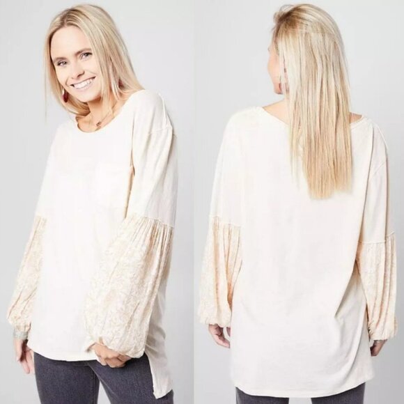 Free People Jade Top Oversized Bubble Sleeve Size XS Raw Edge Bohemian Boho Tee - Picture 2 of 11